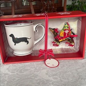 Festive spectrum mug and blue sky clay works Dachshund Mug and Ornament Set